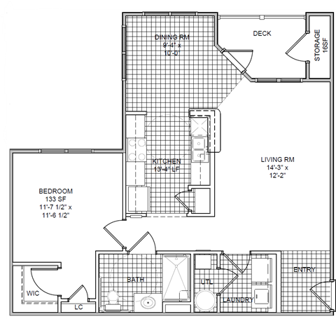 Floor plan for 1 bed, 1 bath, 801 sqft